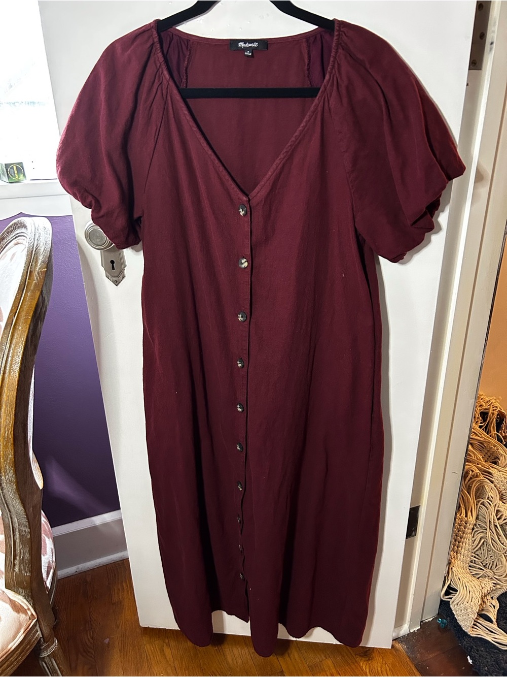 Madewell Burgundy Button-Front V-Neck Midi Dress